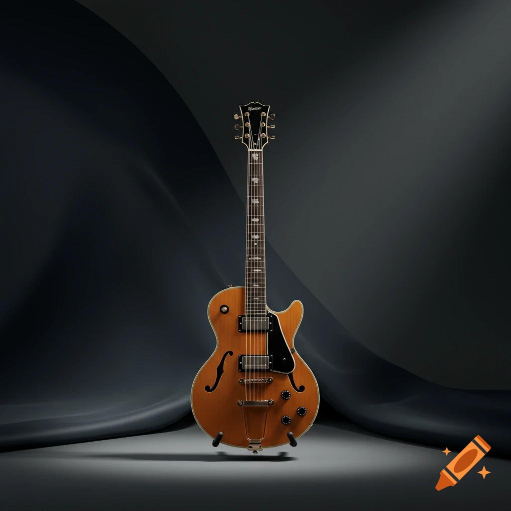 A brown archtop electric guitar with f-holes stands on a black stand against a dark, minimalist studio backdrop with elegant lighting.