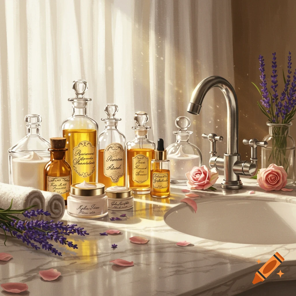 Elegant skincare products, oils, lavender, and pink roses arranged on a marble bathroom counter with a sink.