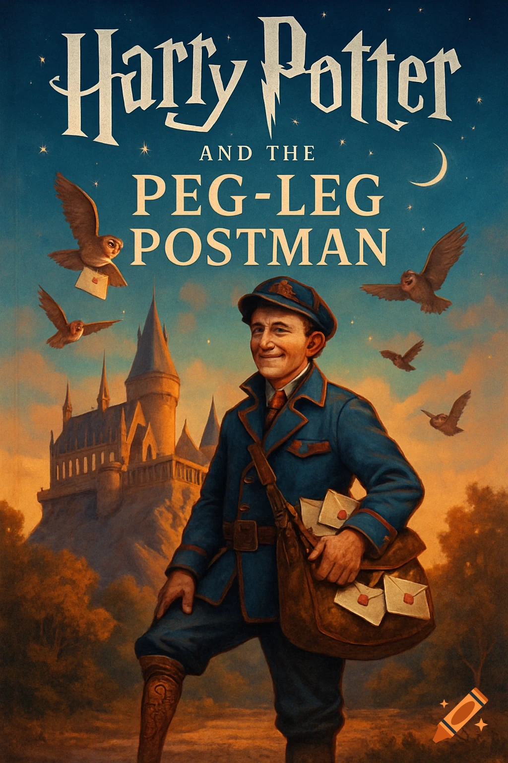 A vintage-style illustration of a smiling peg-leg postman in a blue uniform, holding letters, in front of a castle with flying owls. The title reads "Harry Potter AND THE PEG-LEG POSTMAN".