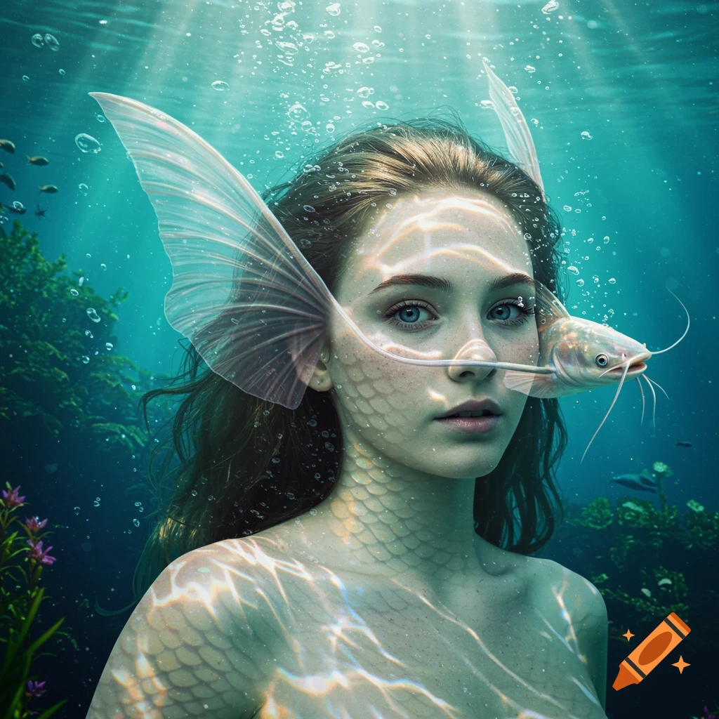 Photorealistic portrait of a woman with fish scales and fins underwater, a catfish's whiskers touching her nose.