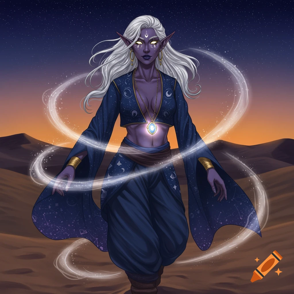Purple-skinned elf with white hair, glowing eyes, and a magical locket in a blue celestial outfit, standing in a desert with swirling magic.