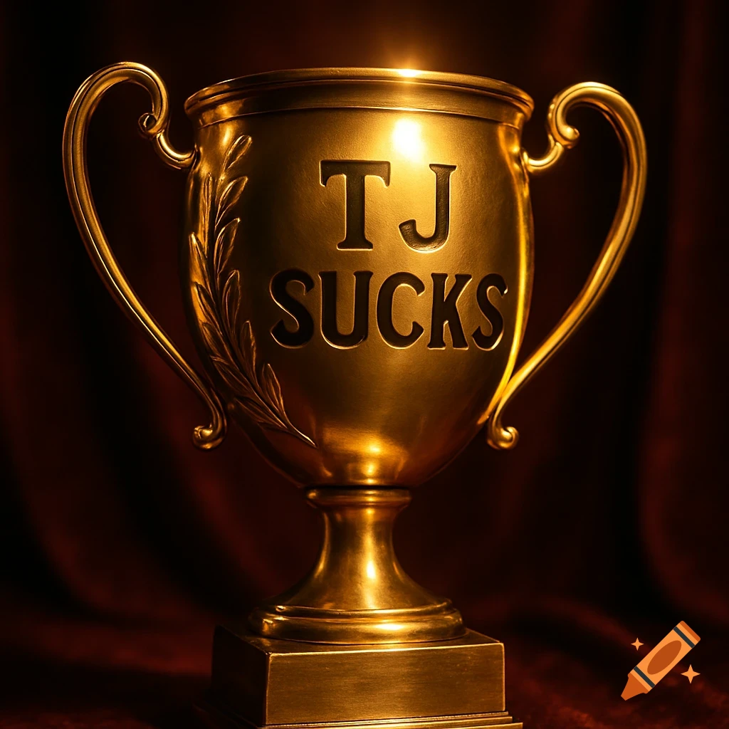A close-up, photorealistic shot of a shiny gold trophy with the words 'TJ SUCKS' engraved on its front.