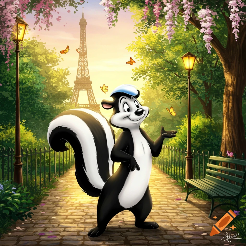 A cheerful cartoon skunk, Pepe Le Pew, stands in a vibrant Parisian park with the Eiffel Tower visible in the sunny background, surrounded by flowering trees and butterflies.