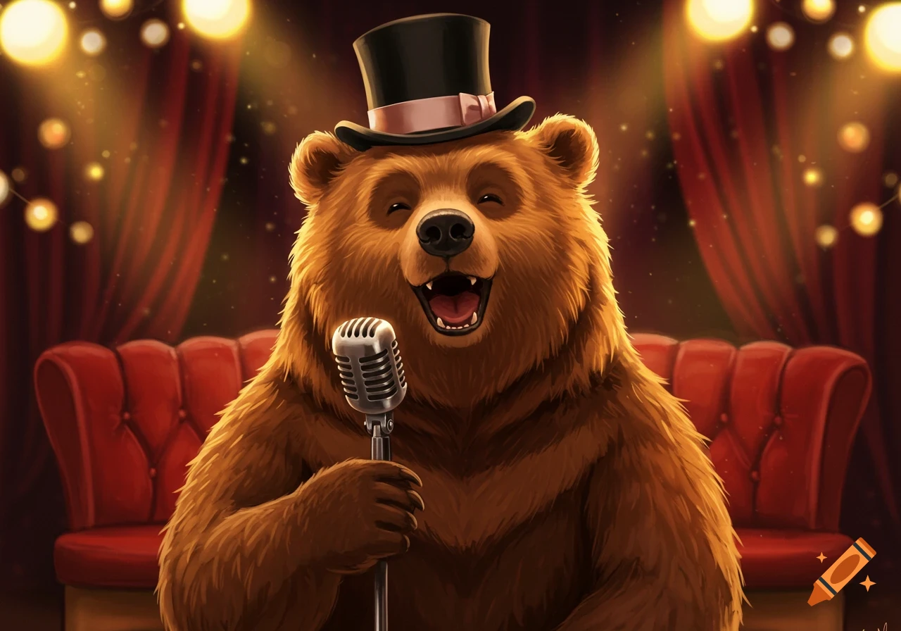 A happy cartoon bear in a top hat sings into a vintage microphone on a stage with red curtains and string lights.