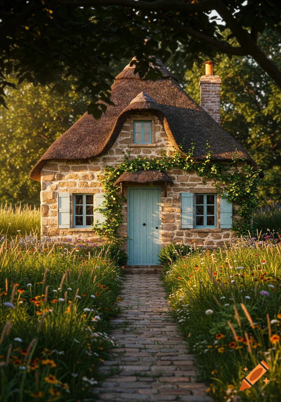 A charming stone cottage with a thatched roof, light blue door and shutters, surrounded by a wildflower garden and stone path.