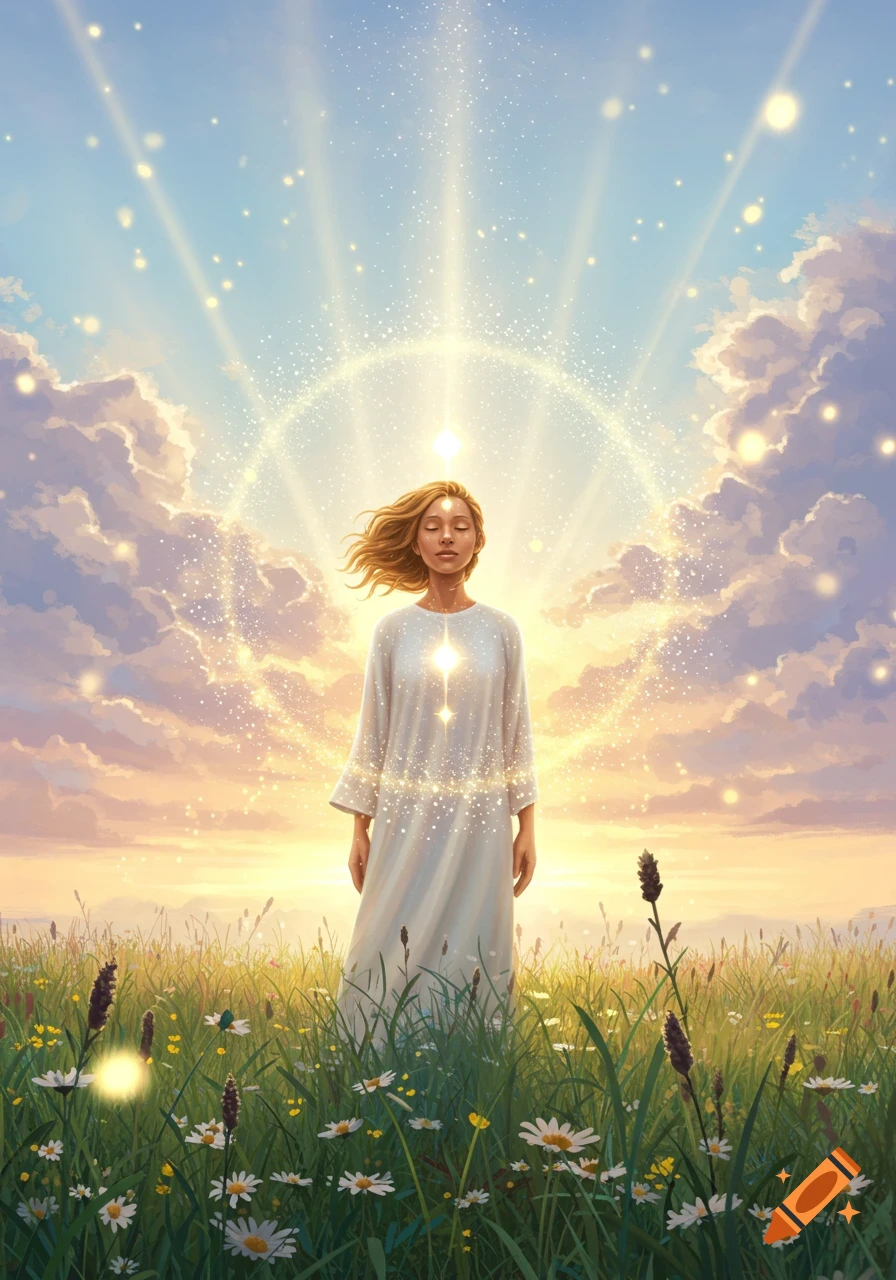 A serene woman in a white dress stands in a wildflower field, surrounded by a glowing ethereal halo and sparkling light at sunrise.