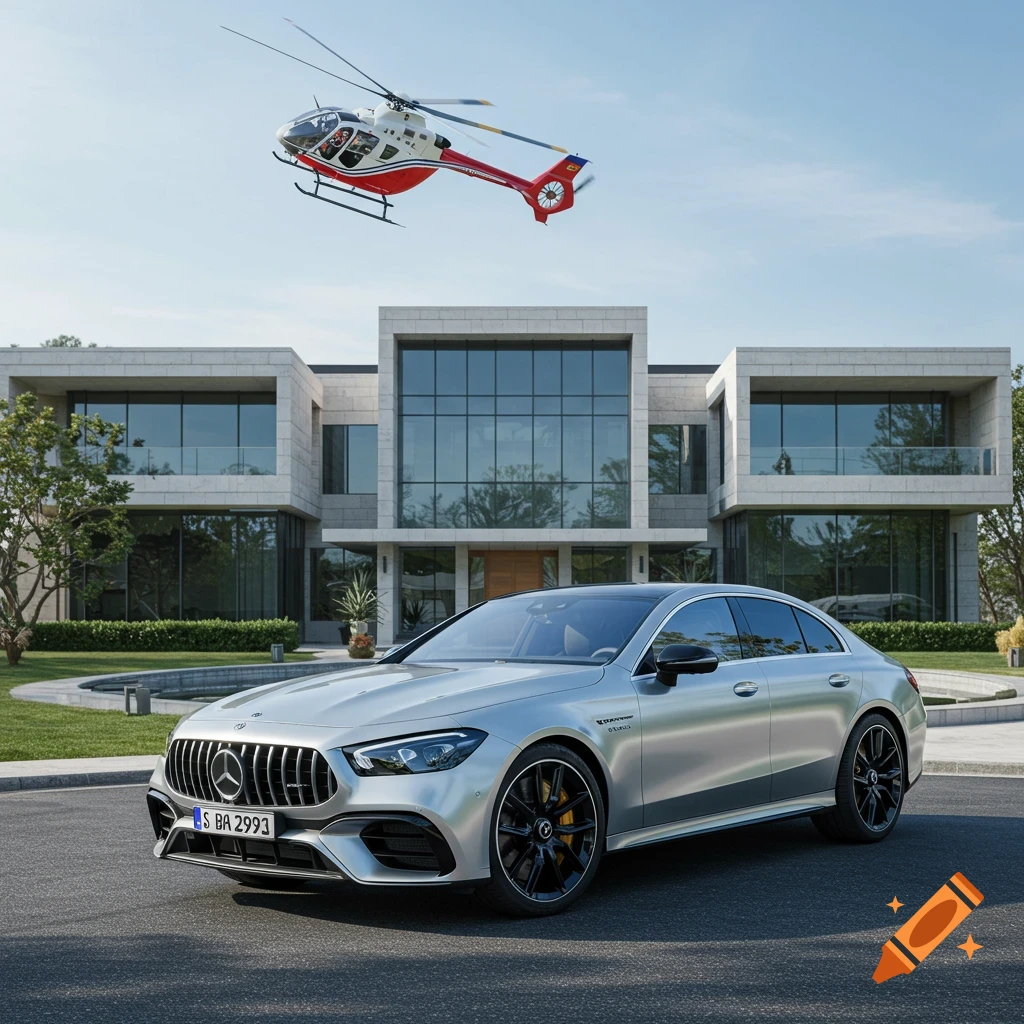 A silver Mercedes-AMG GT parked in front of a modern mansion, with a red and white rescue helicopter flying overhead.