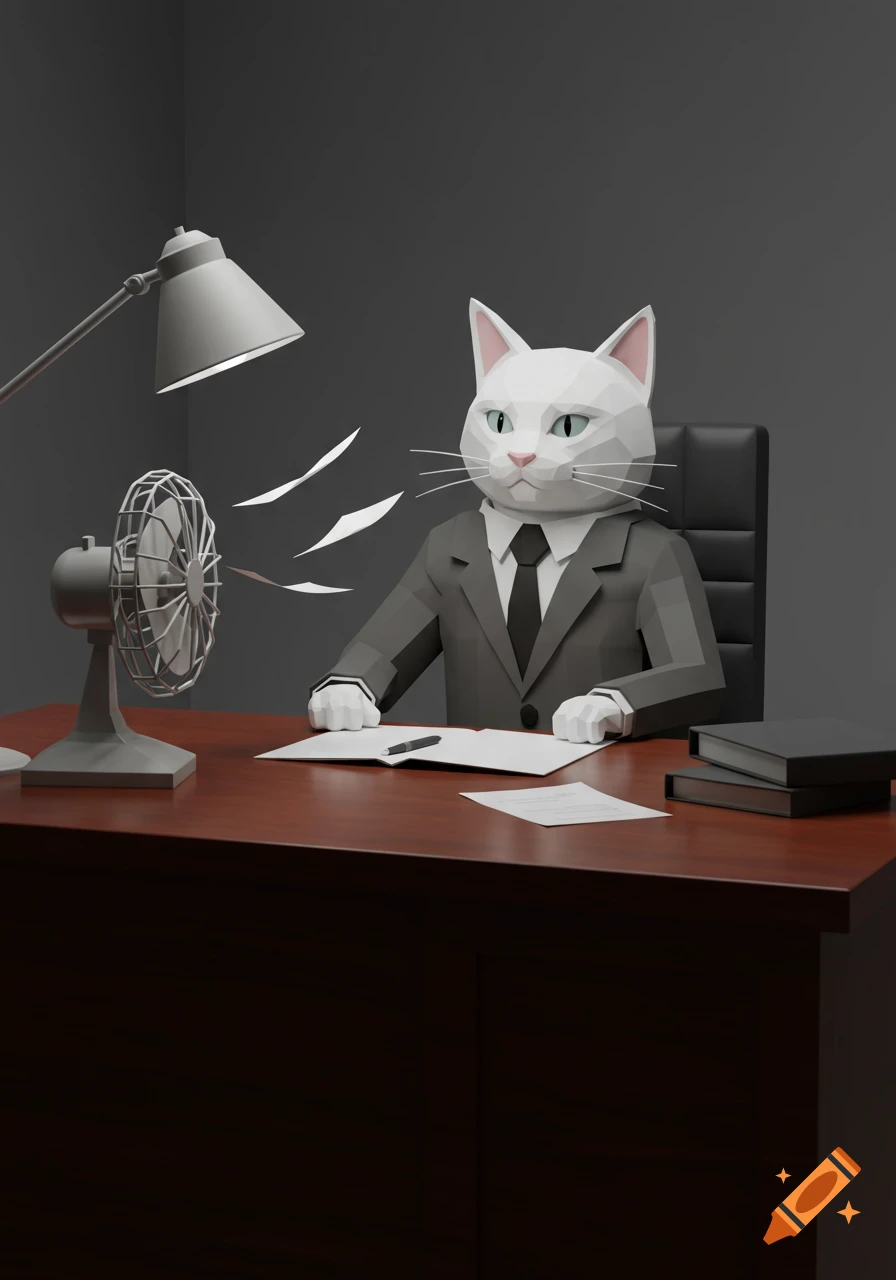 A low-poly white cat in a business suit sits at a desk, with a desk fan blowing papers.