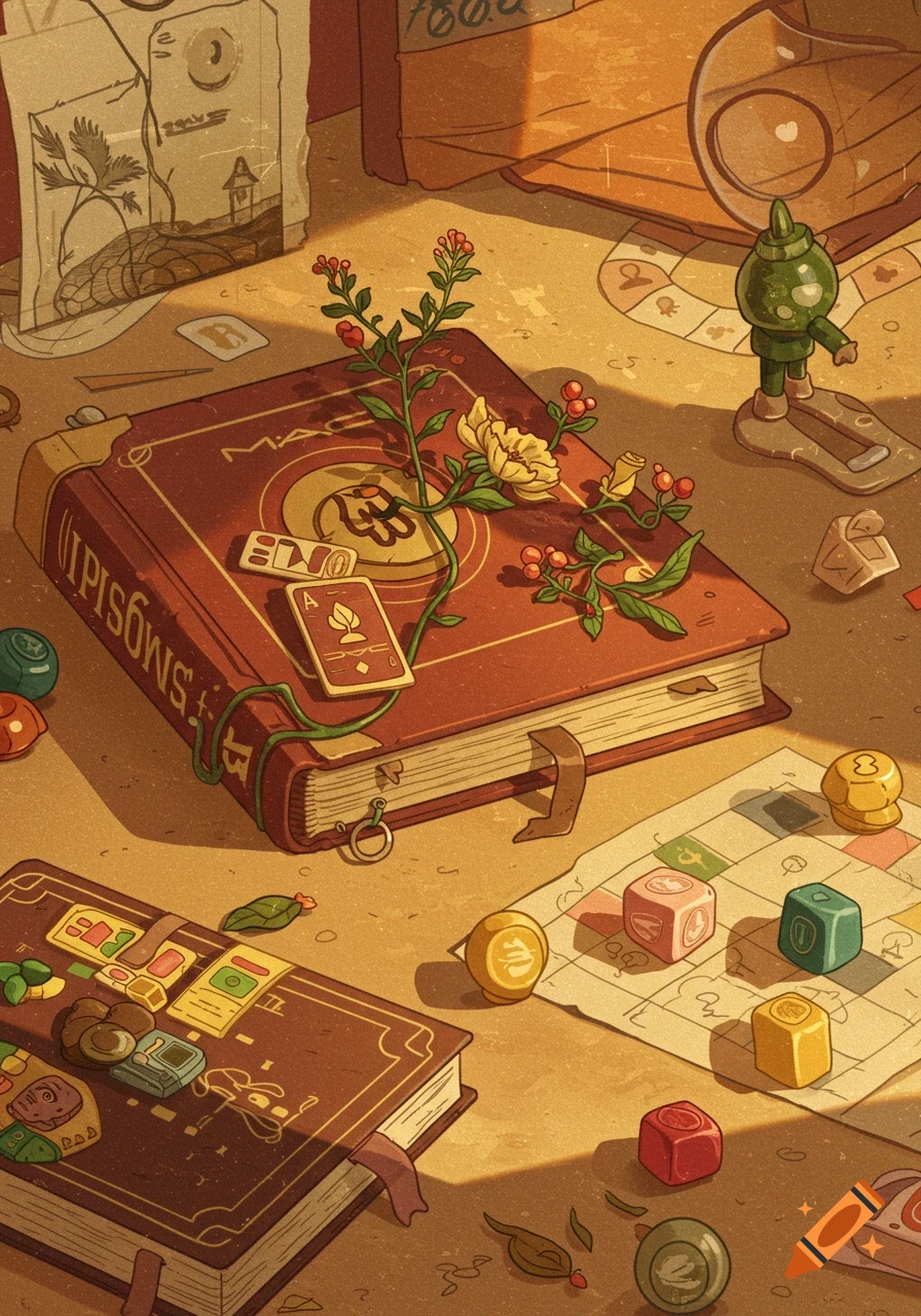 A warm-toned illustration of a tabletop scene with an open book, game cards, game pieces, dice, and botanical elements like a flowering plant and berries. Sunlight casts shadows across the items.