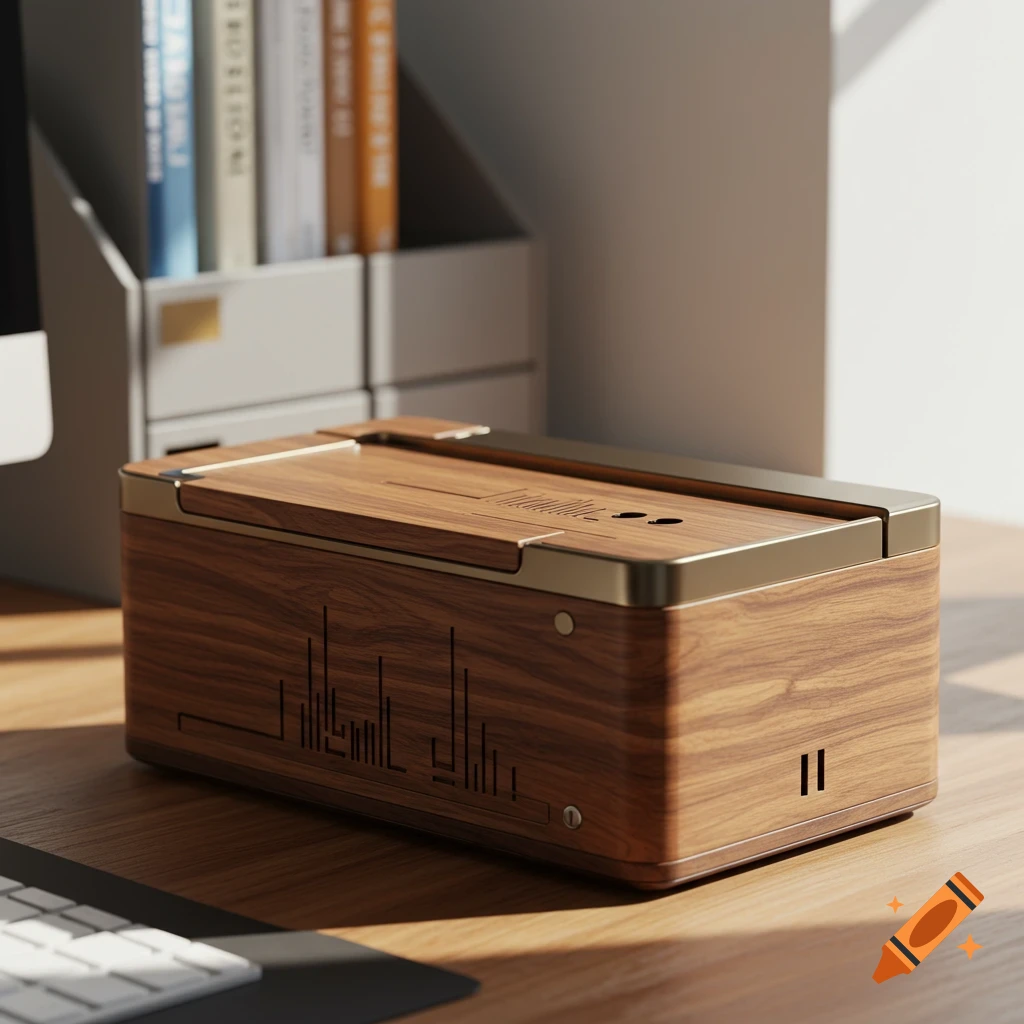 A stylish wooden cable management box with gold accents and an abstract pattern on a wooden desk, next to a computer monitor and books.