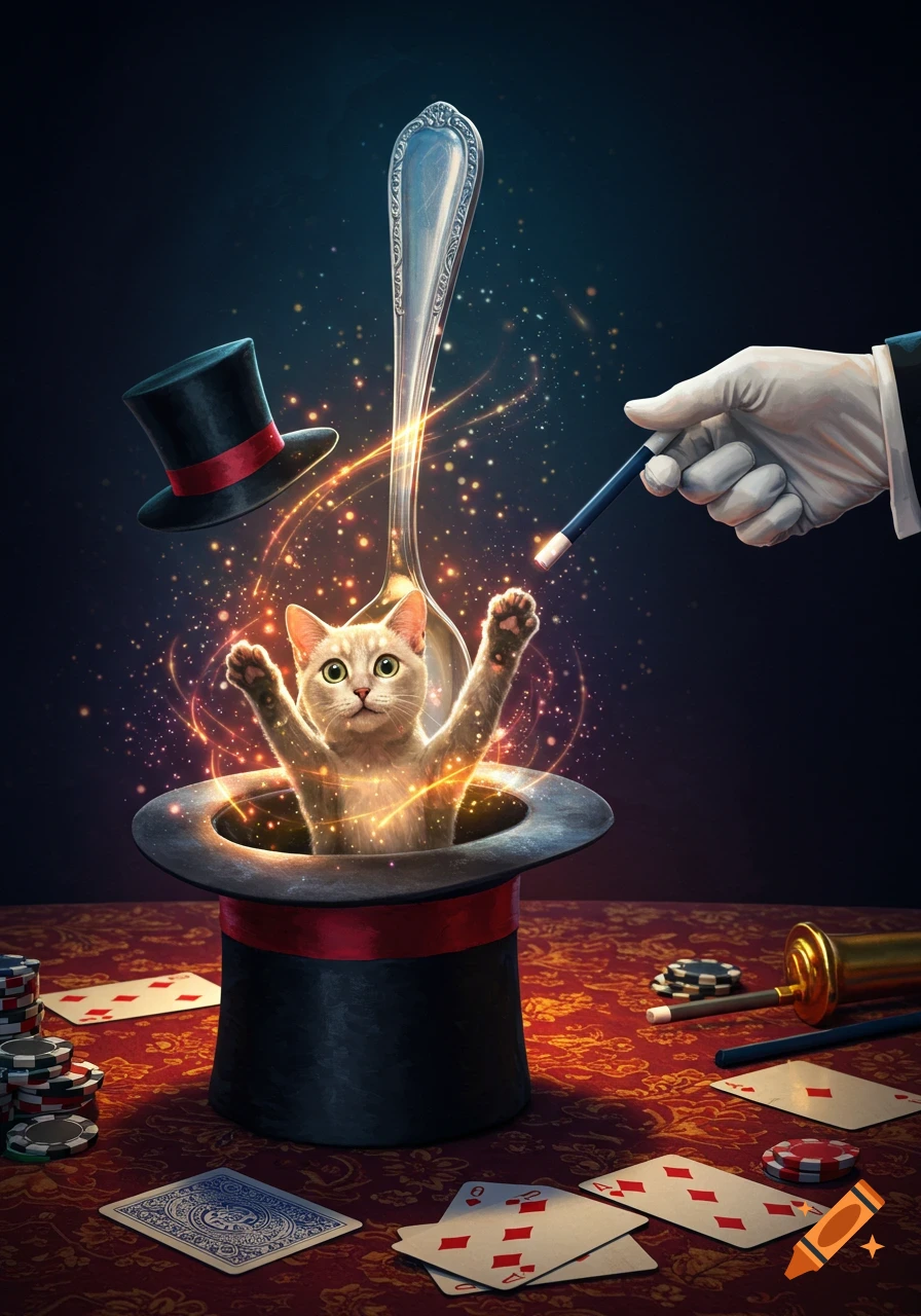 A cute cat with paws raised emerges magically from a top hat, surrounded by glowing particles, a floating spoon, a magician's hand with a wand, and scattered playing cards on a red patterned table.