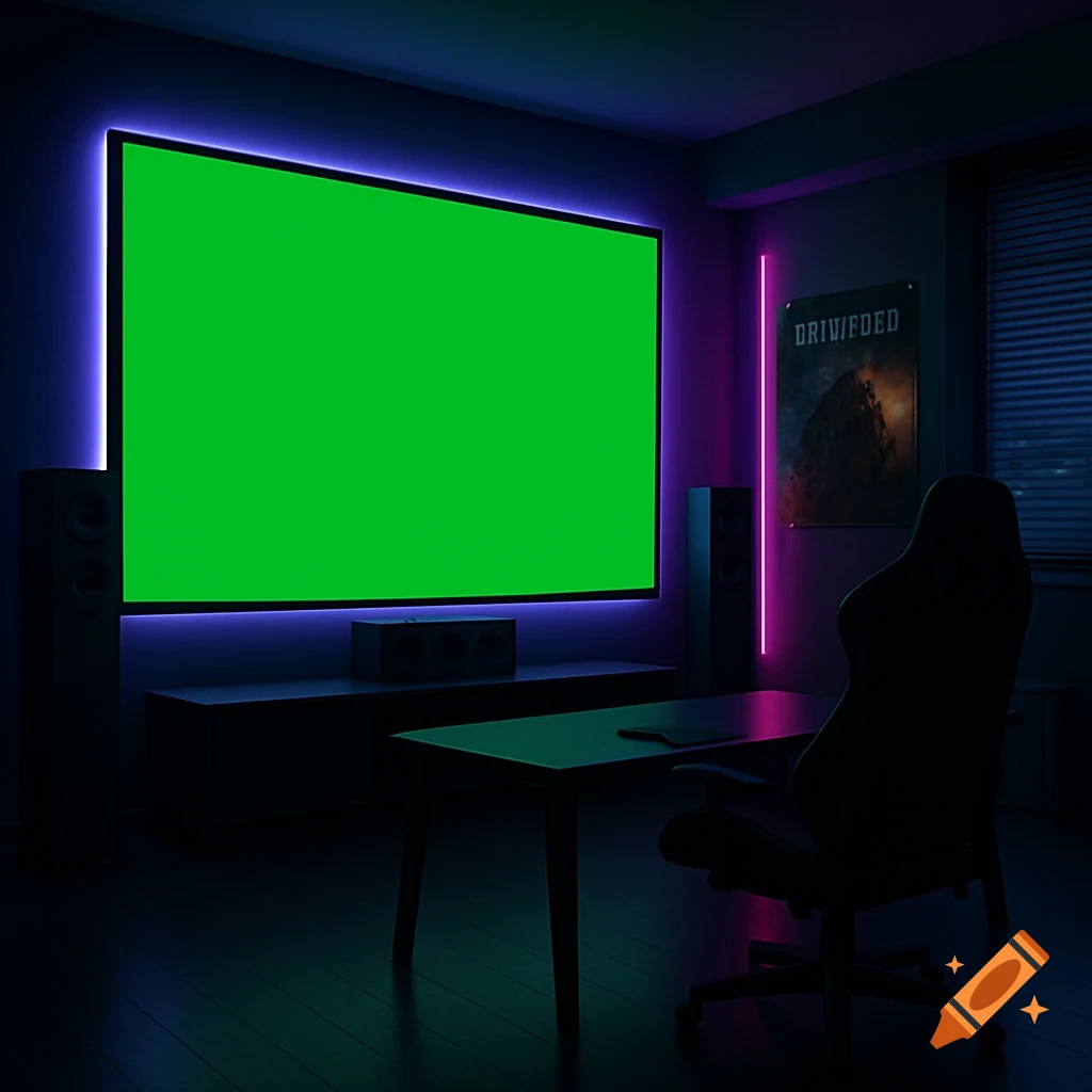 Dark gaming room with a large green screen TV, speakers, a desk, and a chair, lit by neon purple and pink lights.