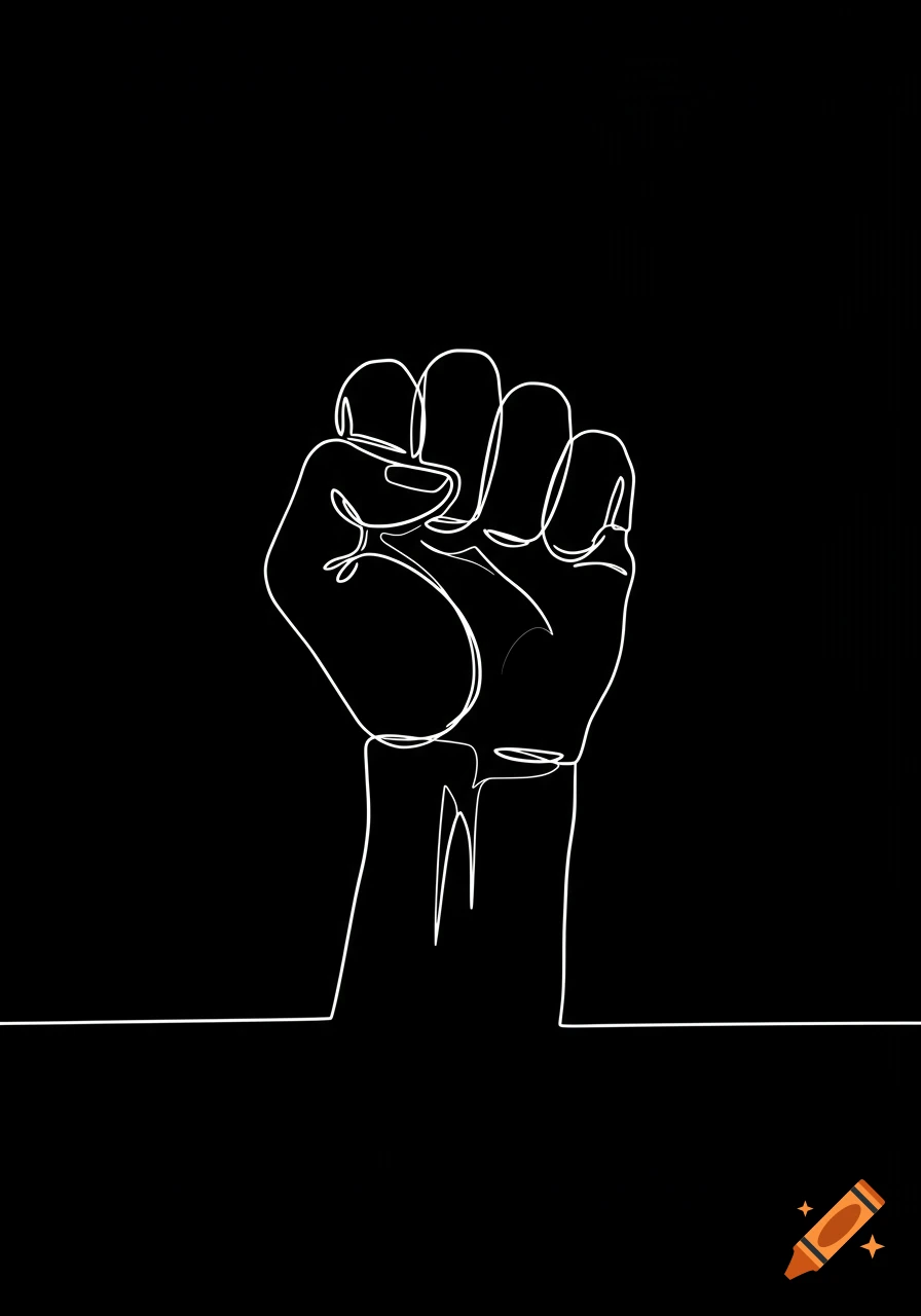 A minimalist white single-line drawing of a raised fist on a black background.