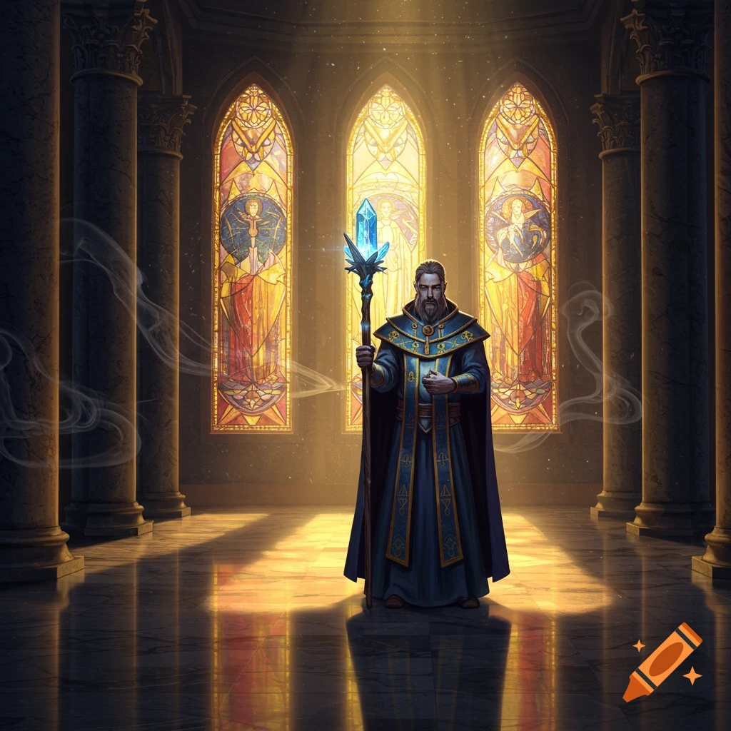 A bearded cleric in blue and gold robes holds a glowing crystal staff in a grand hall with stained glass windows.