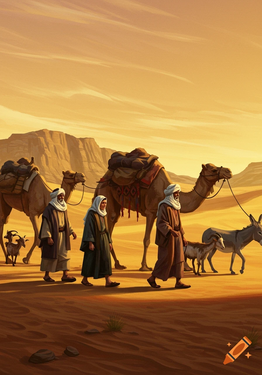A caravan of people, camels, donkeys, and goats walking across a sandy desert with mountains in the background, in an illustrative style.