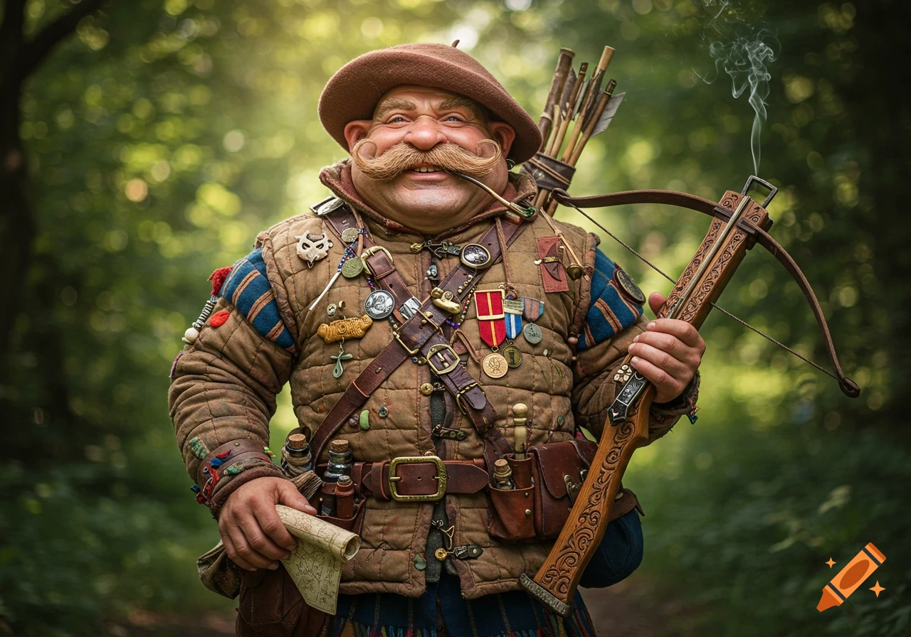 A smiling fantasy wanderer with a walrus mustache, wearing an ornate, medal-laden quilted outfit, holding a crossbow and pipe, in a forest.
