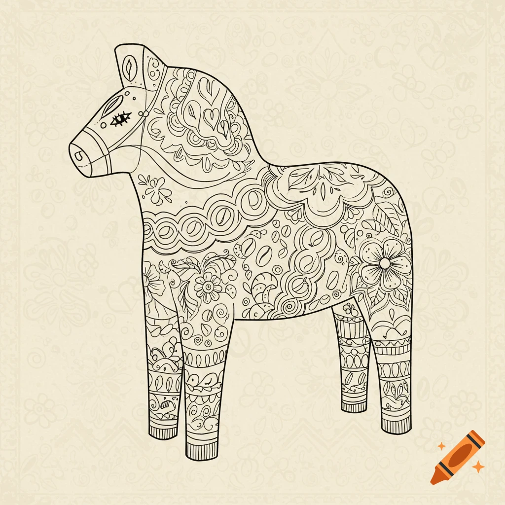 Line art drawing of a Dala horse with intricate patterns, including coffee beans and flowers, on a patterned beige background.