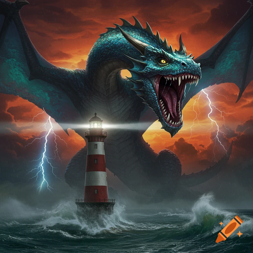 A massive teal dragon roars over a lighthouse in a stormy sea with lightning in a red, cloudy sky. Fantasy art.