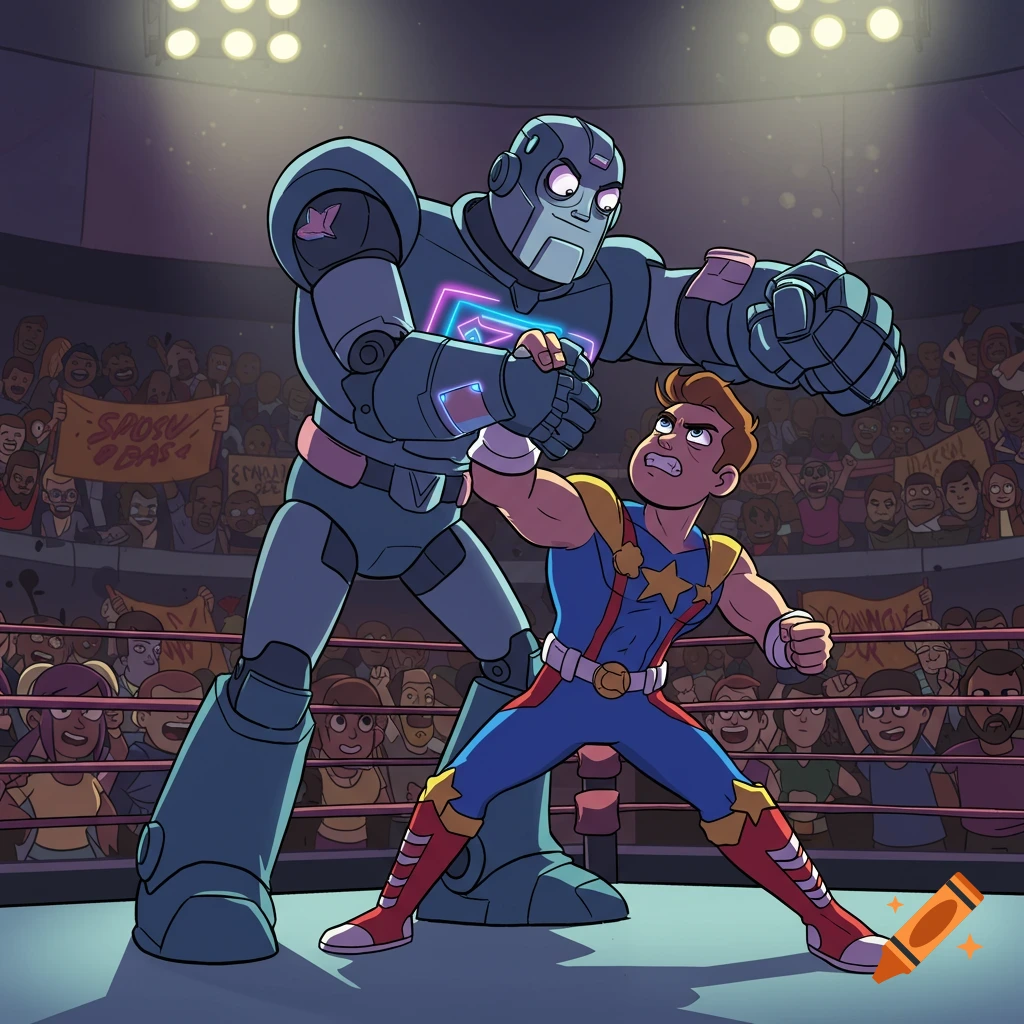A cartoon man in a red and blue superhero suit wrestles a large grey robot in a brightly lit ring, surrounded by a cheering crowd.
