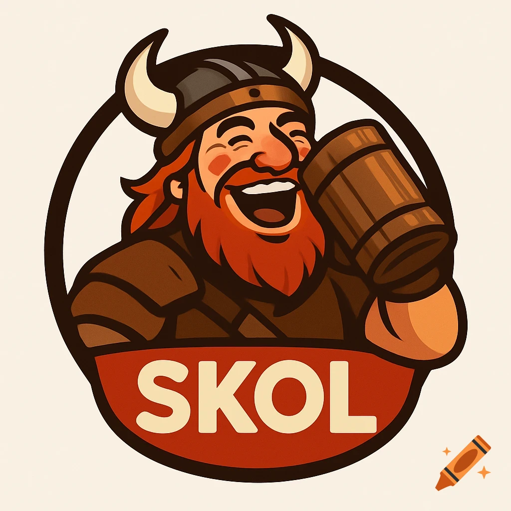 Humorous cartoon Viking with red beard and horned helmet, laughing while holding a wooden mug, with 'SKOL' text.