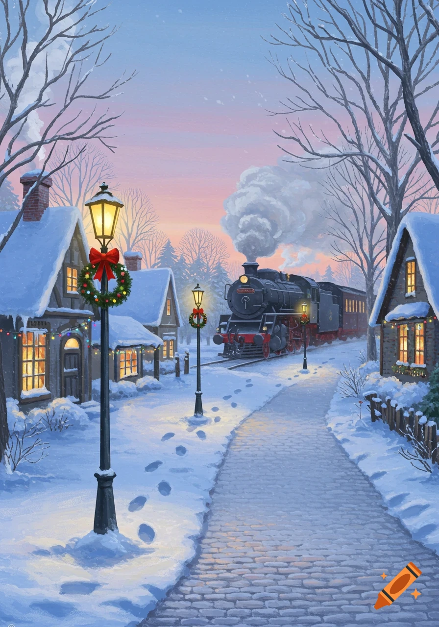 A classic steam train travels through a snowy village scene at dusk, with cozy houses, glowing streetlights, and festive wreaths.