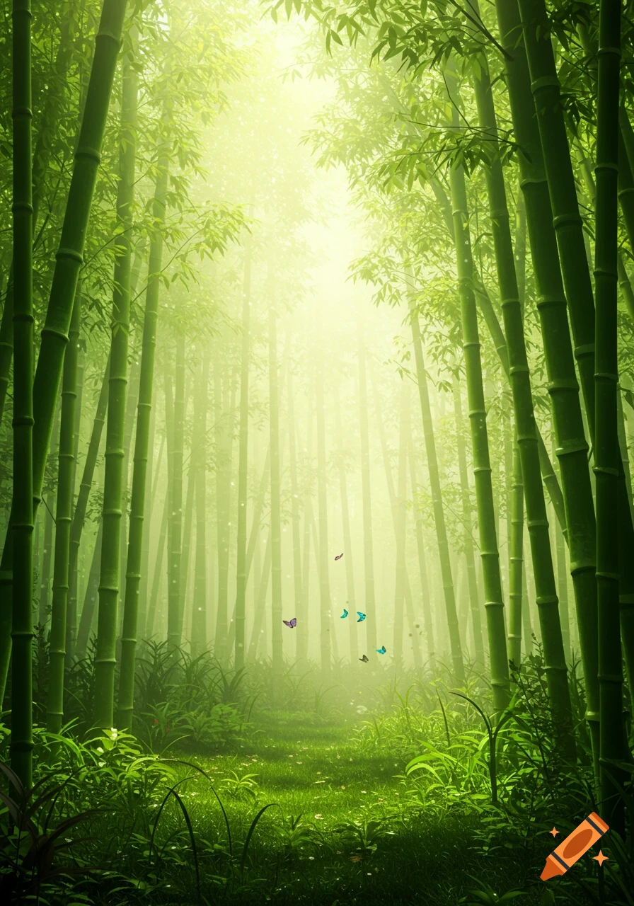 A vibrant green bamboo forest with a sunlit path, lush foliage, and colorful butterflies flying through the mist.