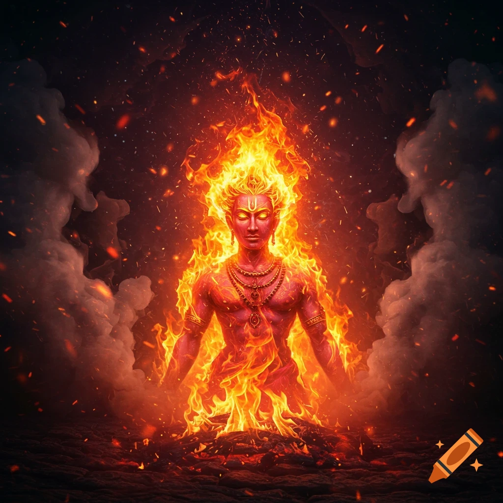 A powerful, red-skinned deity made of fire emerges from embers, adorned with golden jewelry, surrounded by smoke and sparks.