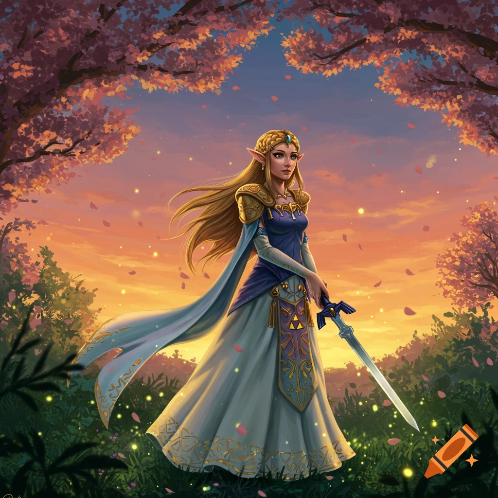 Princess Zelda stands in a magical forest at sunset, holding a sword, with cherry blossoms and glowing particles.