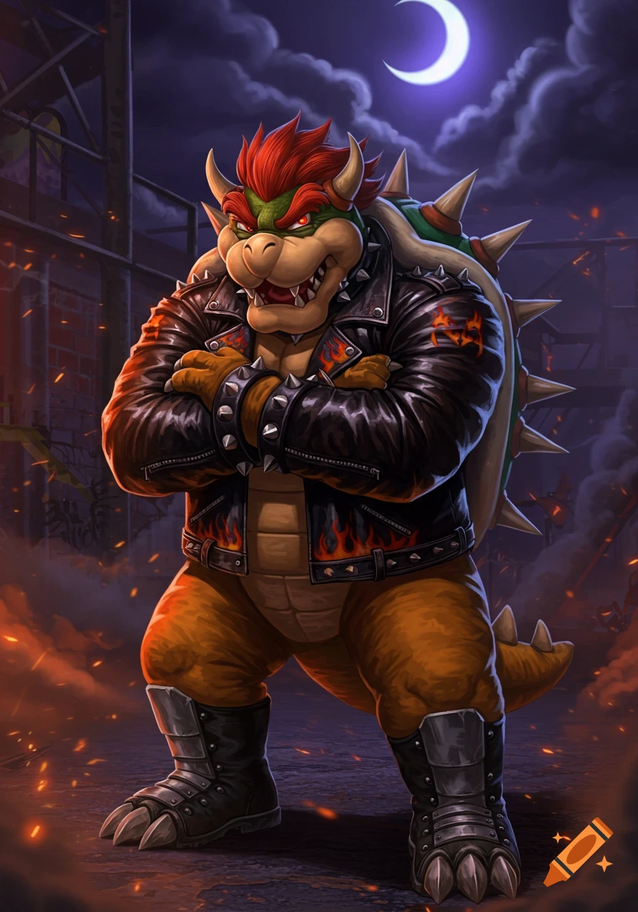 Detailed illustration of Bowser from Super Mario, wearing a studded leather biker jacket and boots, arms crossed, in a dark alley at night.