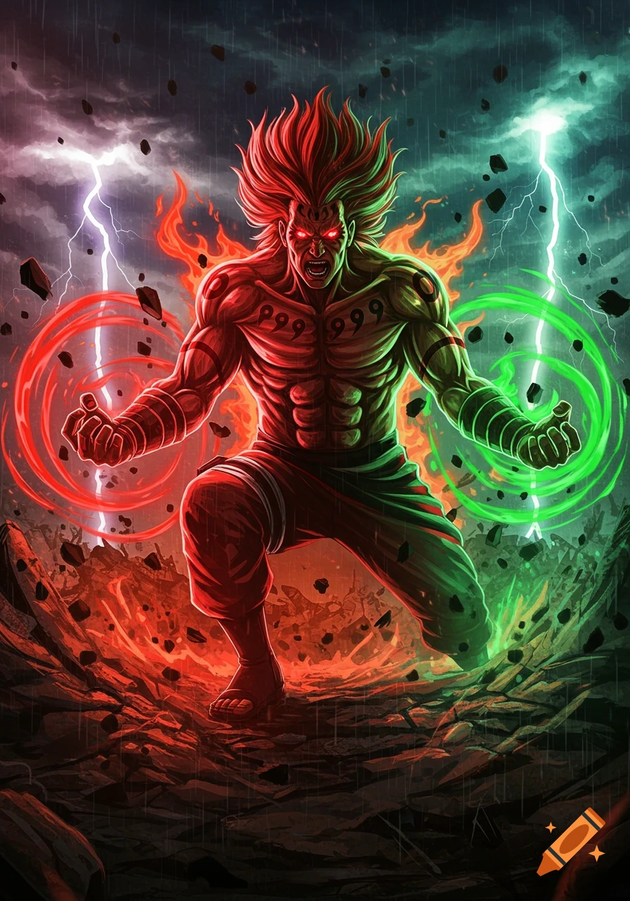 Dynamic illustration of a muscular anime character, half red and half green, surrounded by fire, lightning, and swirling energy.