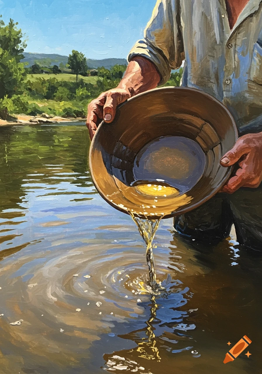 A person's hands hold a gold pan in a sunlit river, pouring water out in a detailed painterly style.