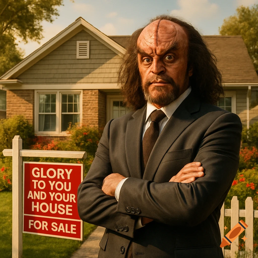 Photorealistic image of a Klingon realtor, Gowron, in a suit, in front of a house with a 'FOR SALE' sign.
