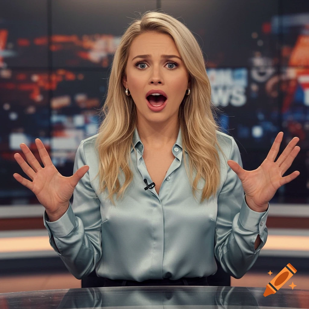A blonde news anchor with wide eyes and mouth agape, hands up in shock, in a news studio.