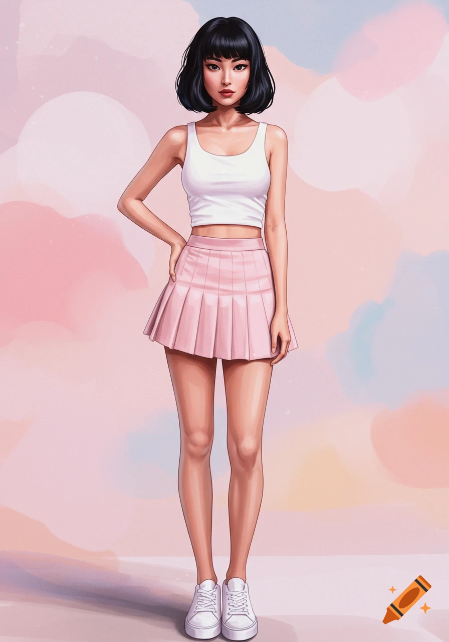 Digital art of a young woman with a black bob, wearing a white tank top, pink pleated mini skirt, and white sneakers, posing against a pastel background.