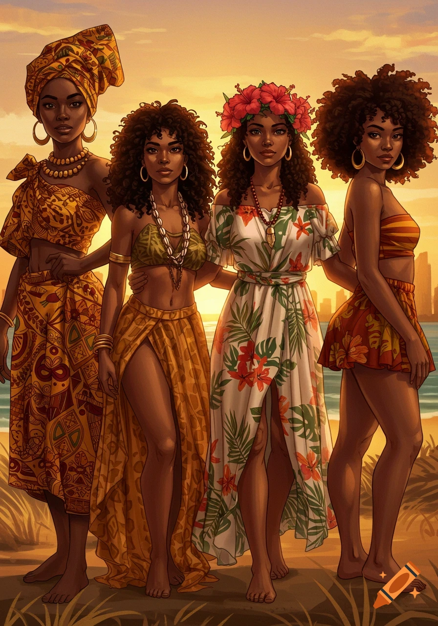 Four women with dark skin and curly hair in colorful, patterned dresses and headwraps stand on a sandy beach at sunset in an illustration.