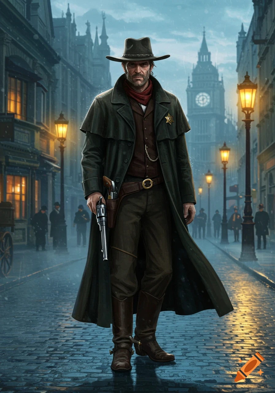 A grim cowboy marshall in a duster coat and hat stands on a wet London street with Big Ben in the background, holding a revolver.