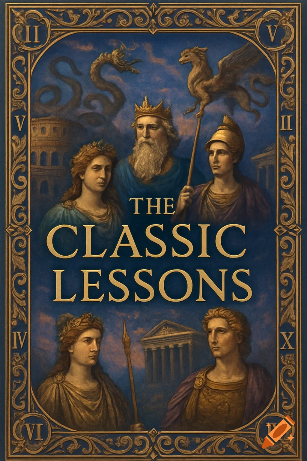A classical style book cover with a king, goddesses, warriors, mythical creatures, and Roman numerals. Title: THE CLASSIC LESSONS.