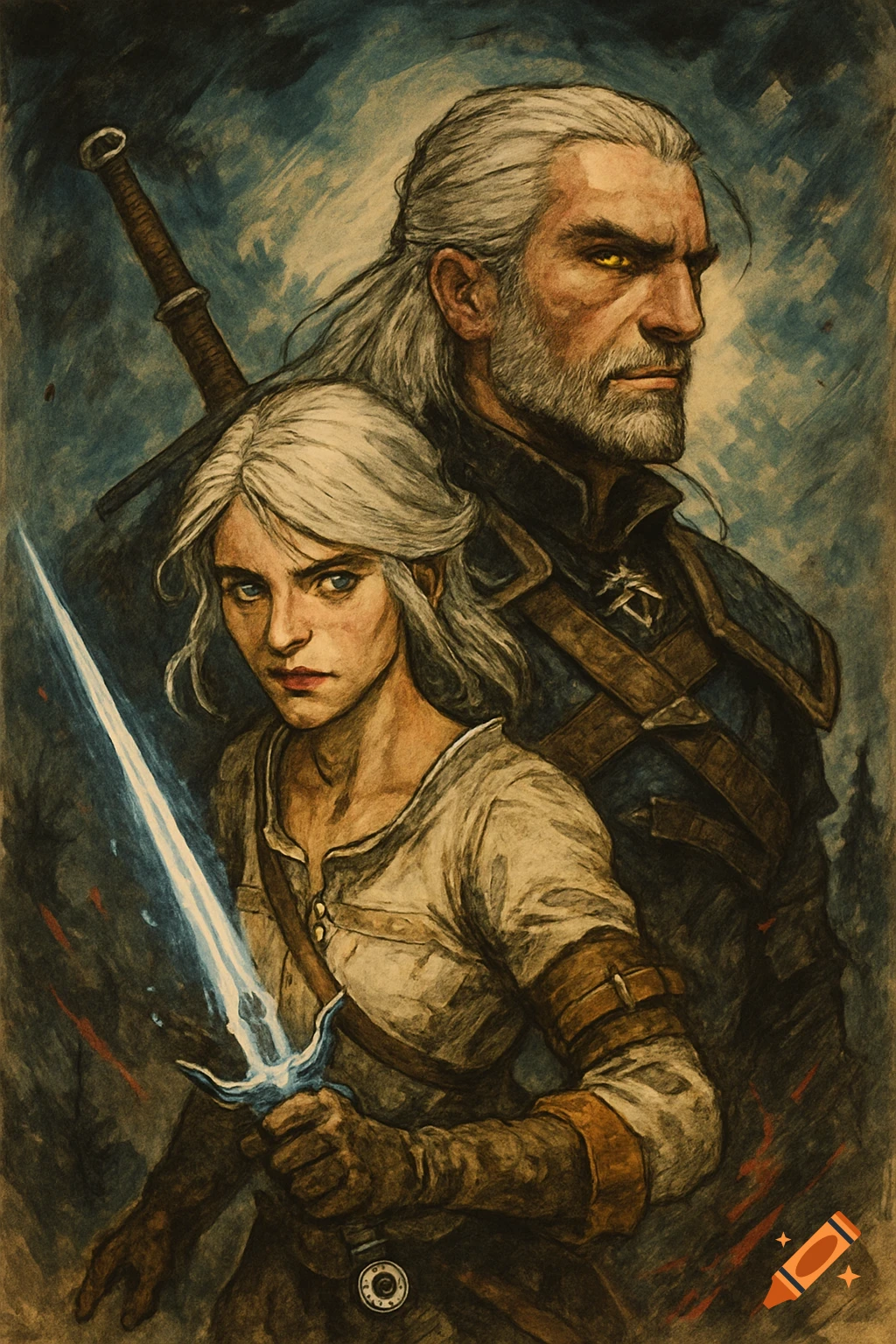 A stylized drawing of Geralt of Rivia and Ciri from The Witcher, Geralt behind Ciri, who holds a glowing sword.