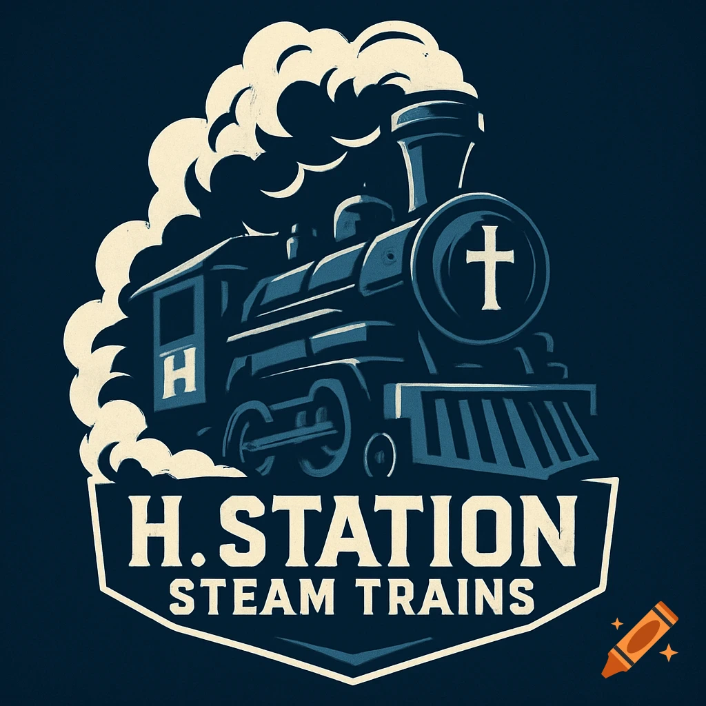 A stylized blue and cream logo for H. Station Steam Trains, featuring a rugged steam locomotive emitting steam, with an 'H' on its side and a cross on its front.