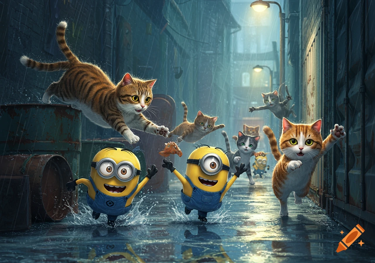 Cartoon Minions and cats playfully run and splash through puddles in a rainy alleyway.