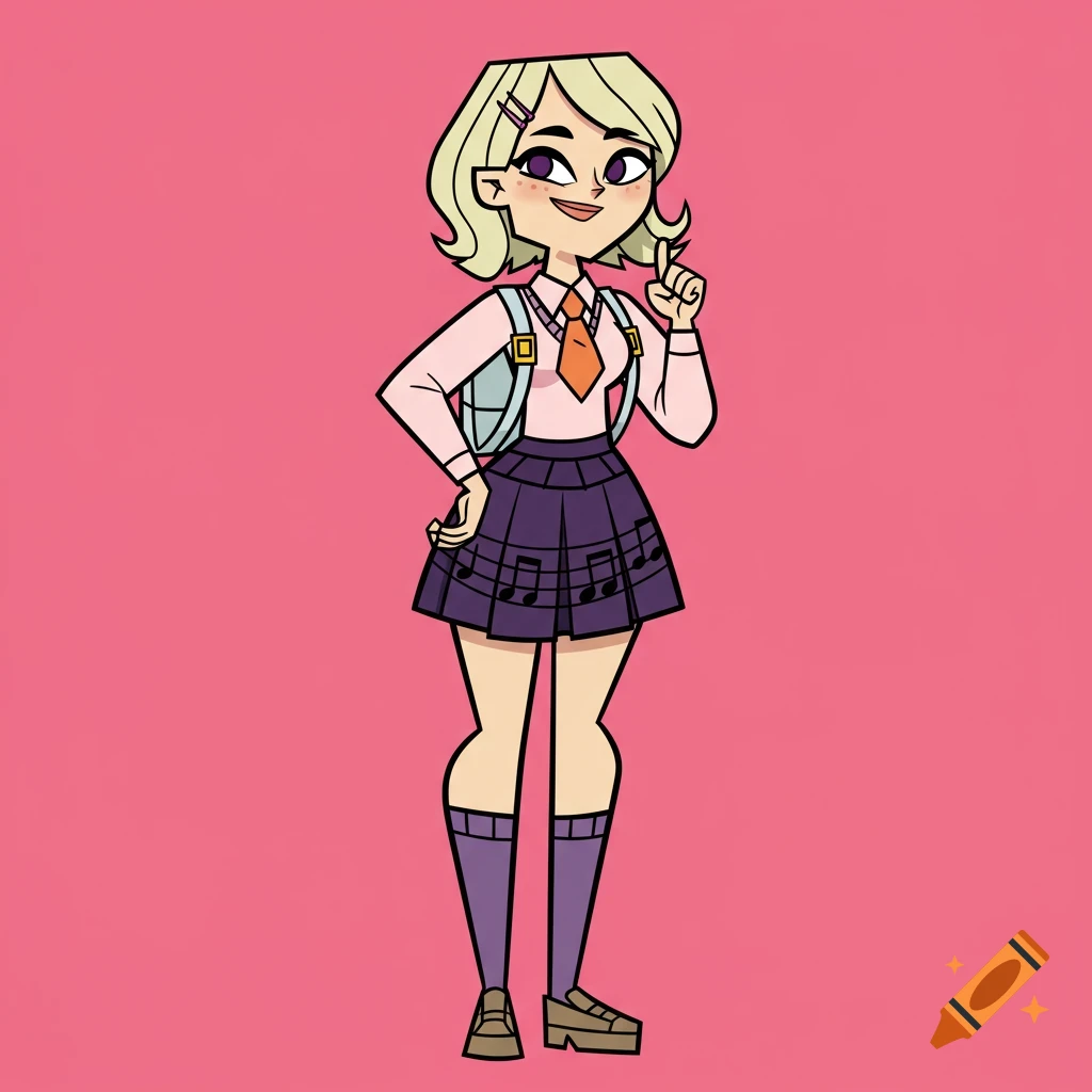A smiling, short blonde cartoon girl in a pink shirt, orange tie, purple skirt with musical notes, purple socks, and a light blue backpack, stands against a pink background.