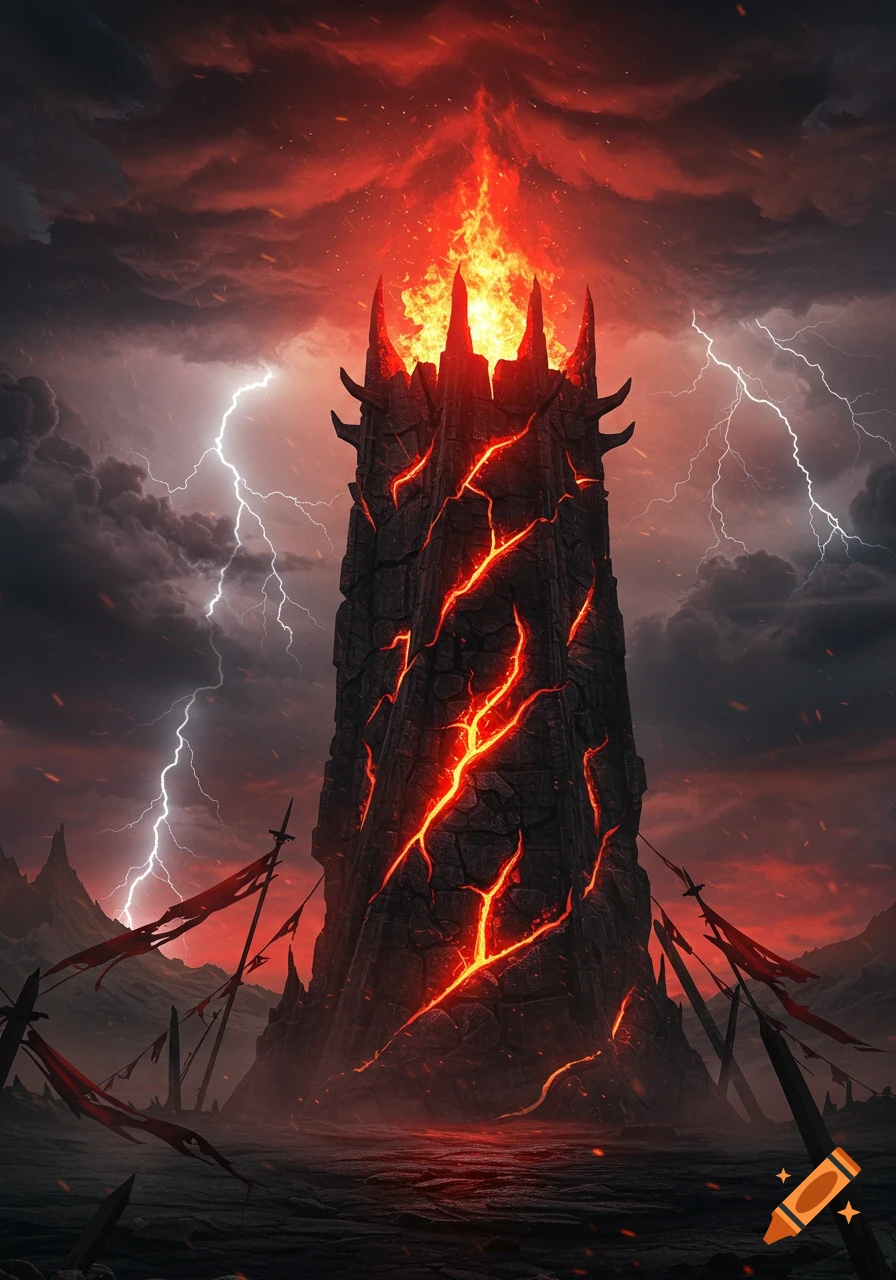 A tall, dark stone tower, cracked and glowing with fiery lava, topped with flames, stands under a stormy sky with lightning. Red banners adorn the desolate foreground.