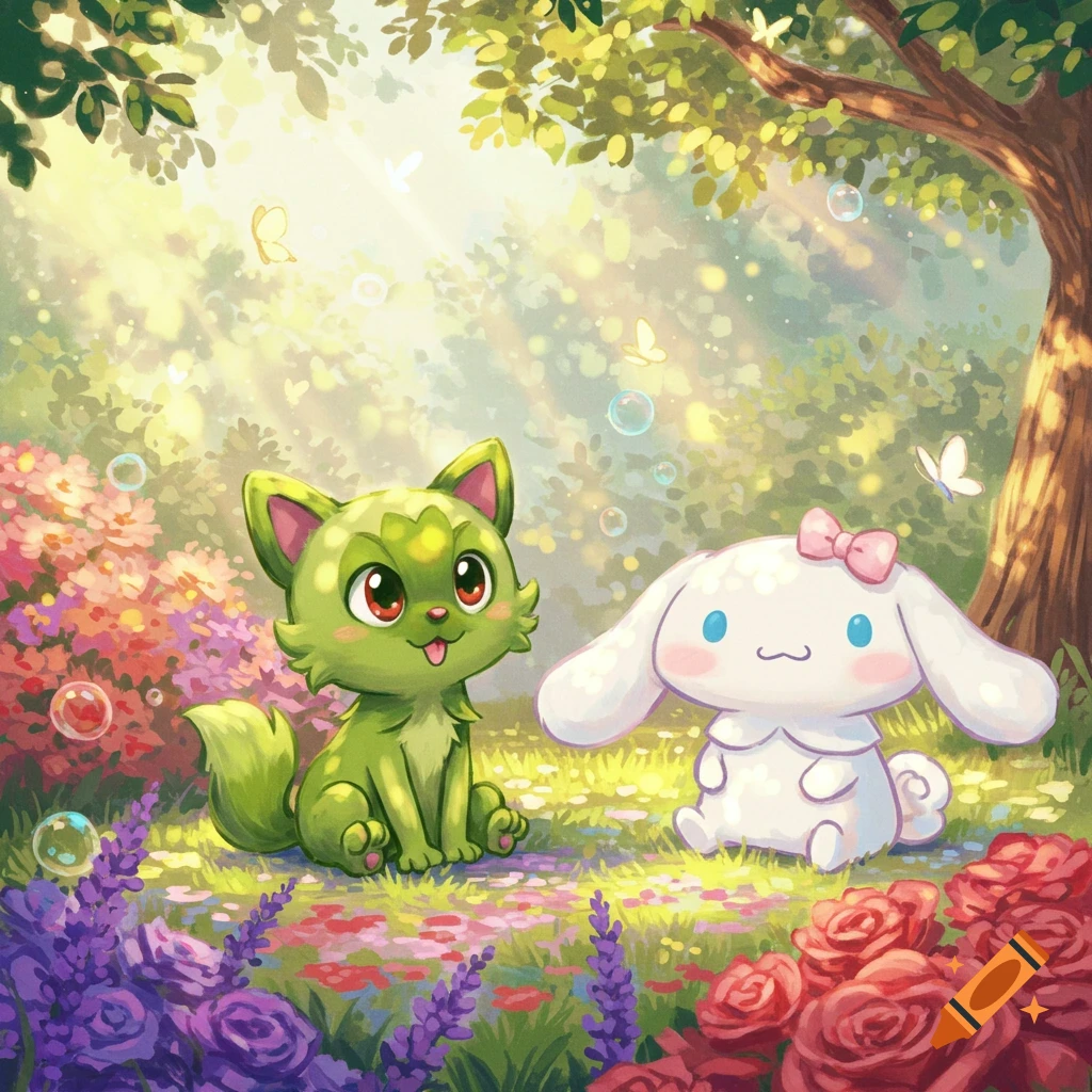 A cute green Sprigatito and white Cinnamoroll sit in a sunny, vibrant, flower-filled forest, with bubbles and butterflies, in a cartoon style.