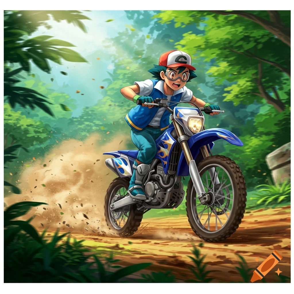 Ash Ketchum rides a blue dirt bike through a dusty forest in an anime illustration.