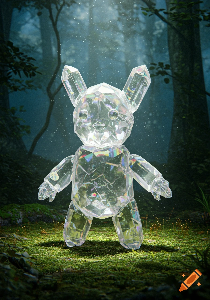 A cute faceted crystal creature stands in a lush, mystical forest with sparkling light.
