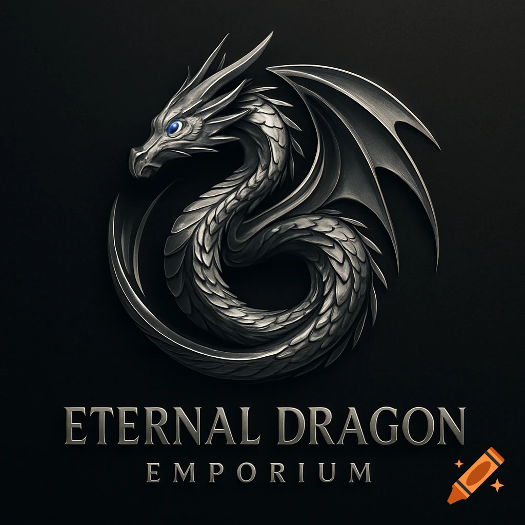 Stylized silver dragon logo with blue eyes and the text 'Eternal Dragon Emporium' on a dark background.