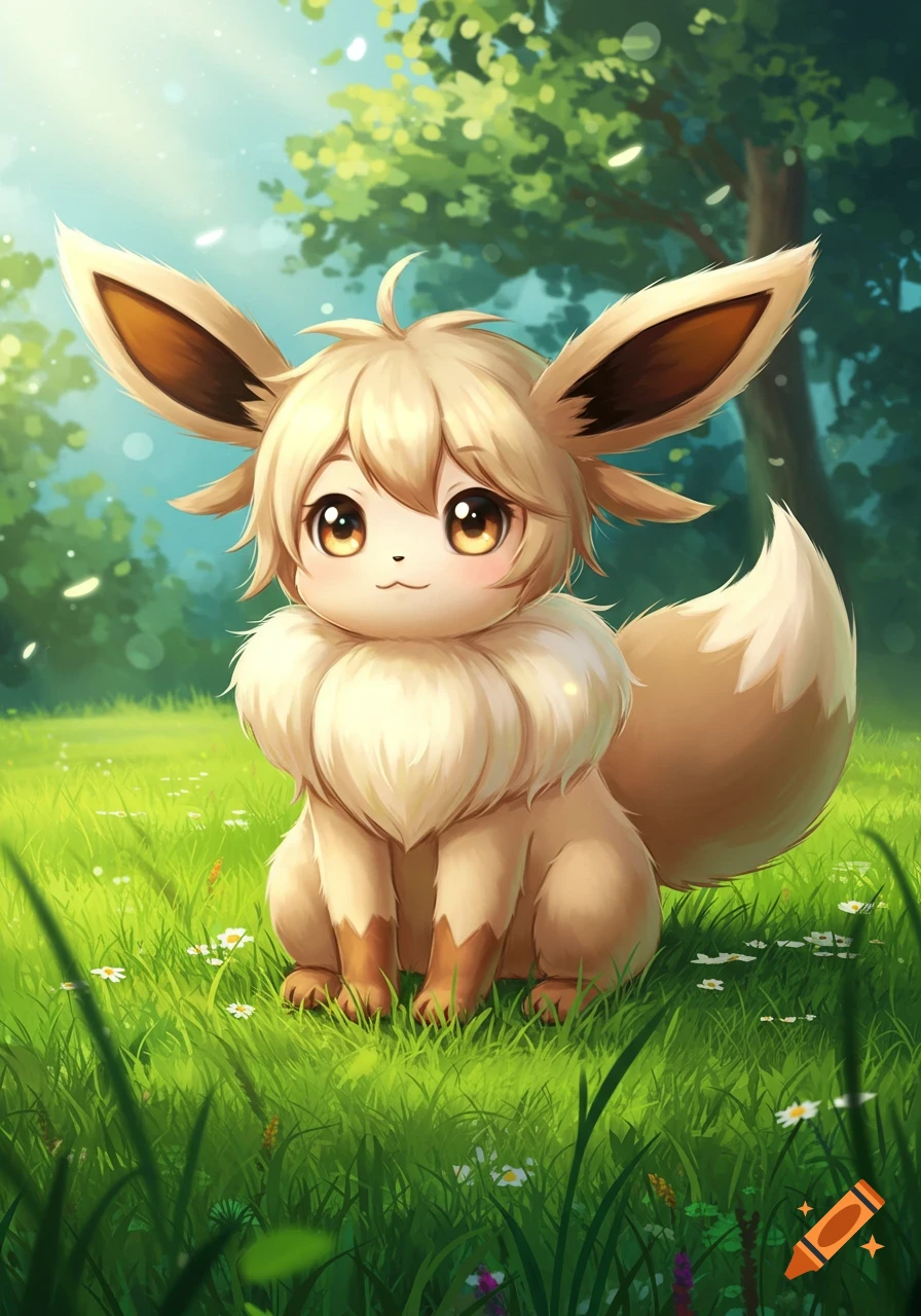 A cute Eevee-like creature with fluffy fur and human-like hair sits in a sunlit grassy forest with white flowers.