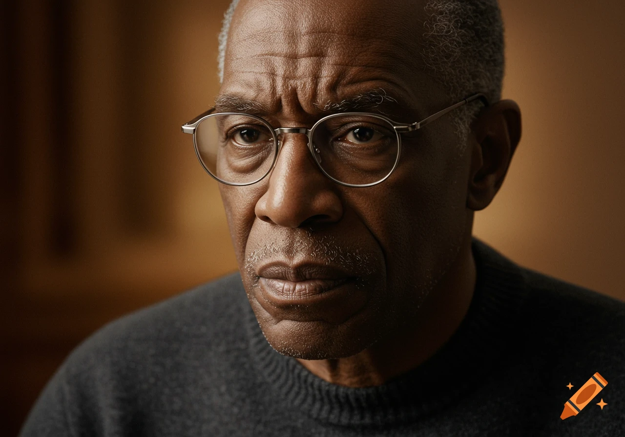 A close-up, photorealistic portrait of a serious-looking older Black man wearing glasses and a dark sweater.