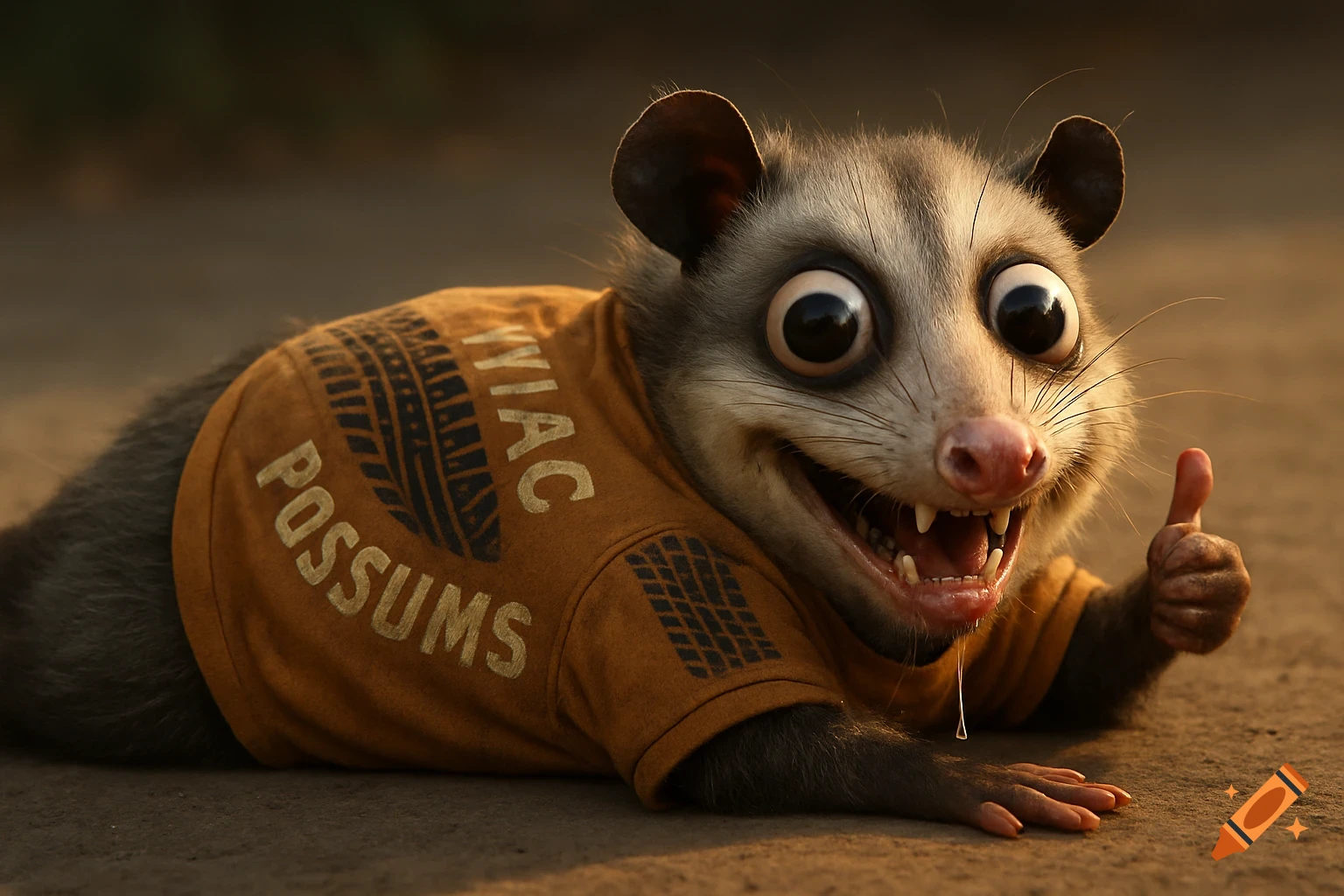 Photorealistic possum in an orange jersey with 'YIAC POSSUMS' giving a thumbs up, with bugged eyes, a wide grin, and drool.