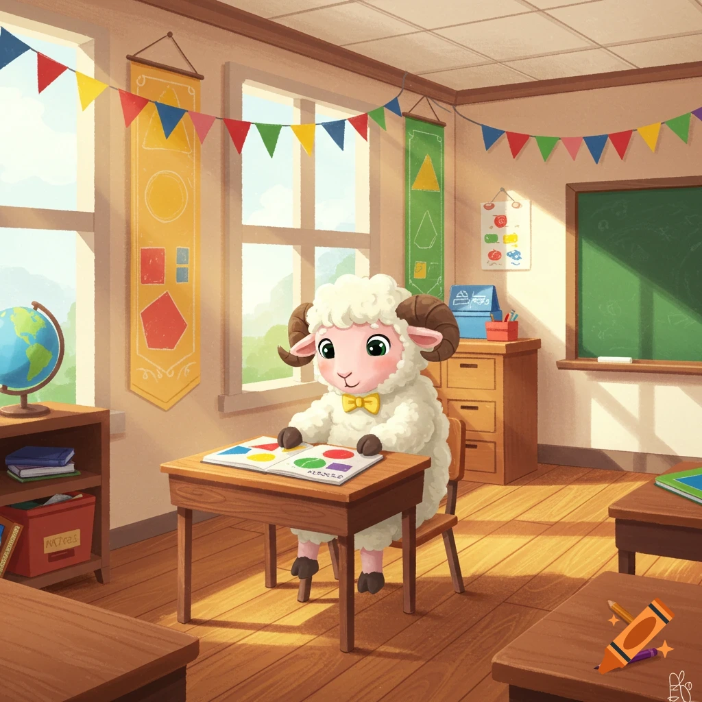 A cute cartoon ram sits at a wooden desk in a sunny classroom, looking at a book with colorful shapes.